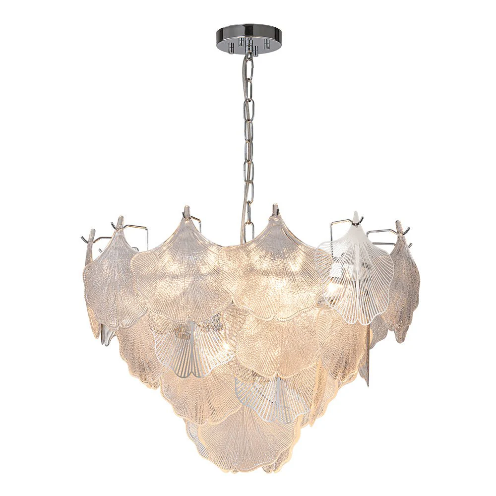 French Tiered Ginkgo Leaf Textured Glass Round Chandelier - Image 8