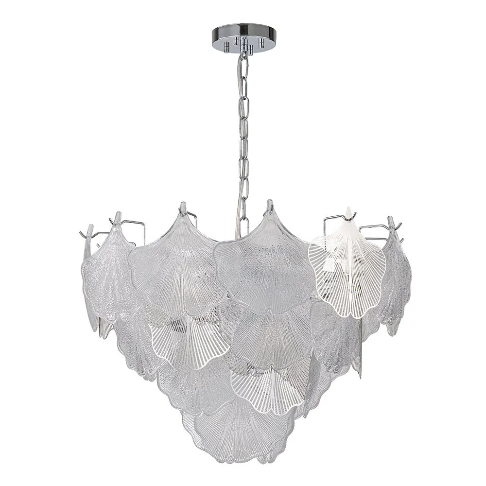 French Tiered Ginkgo Leaf Textured Glass Round Chandelier - Image 9