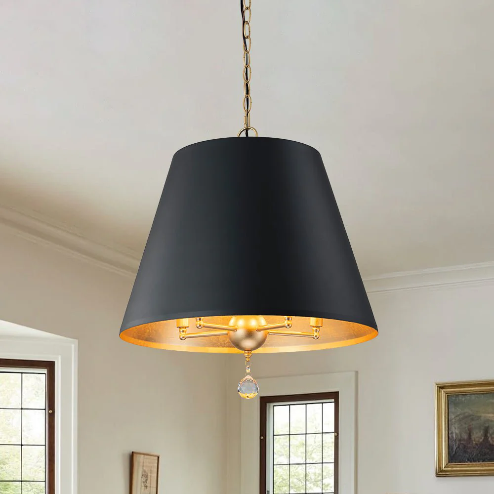 French Vintage Black Gold Iron Drum Cage Chandelier