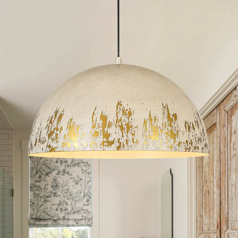 French Vintage Weathered Gilded Oversized Iron Dome Pendant - Image 5