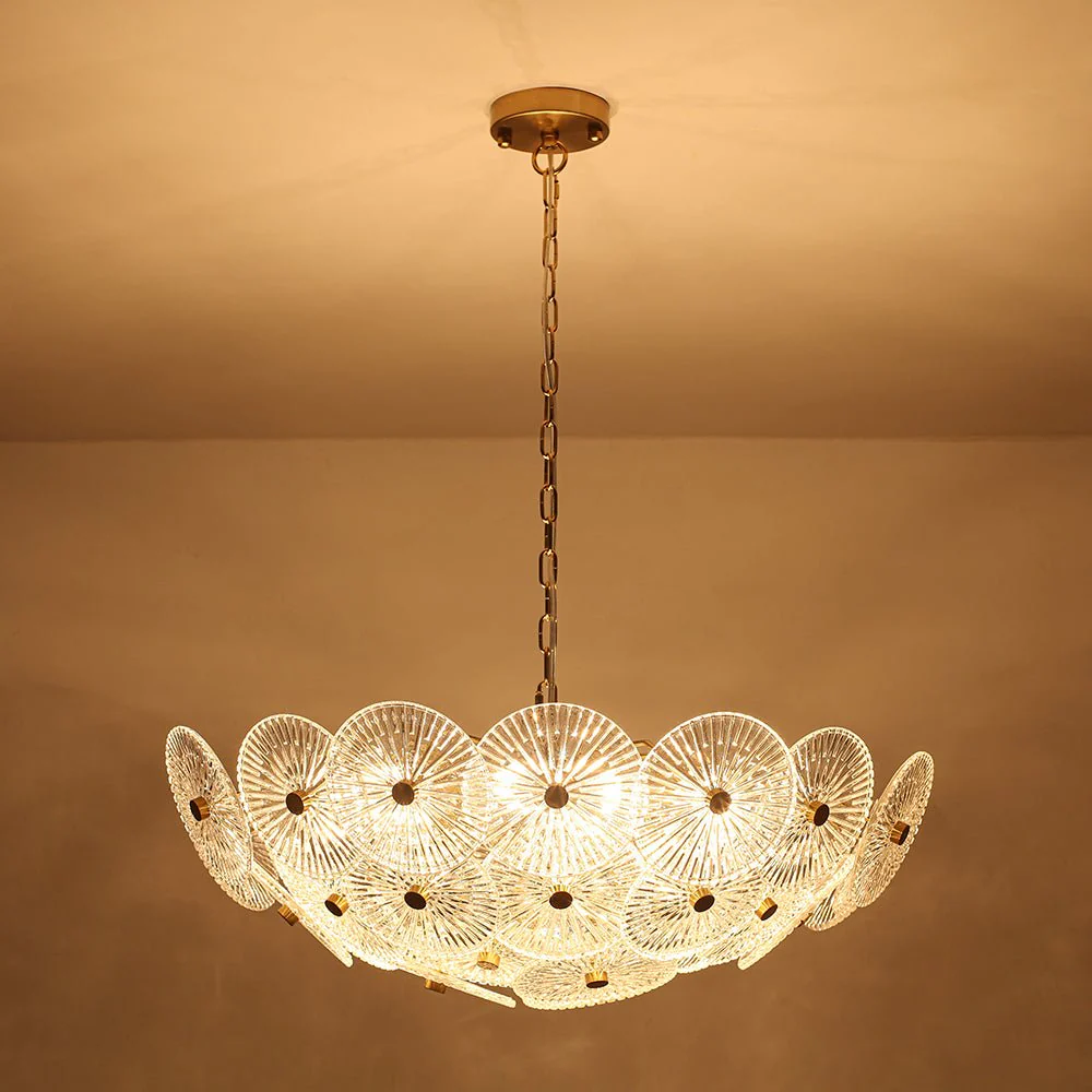 Glam Brass Ribbed Glass Floral Round Basket Chandelier - Image 11