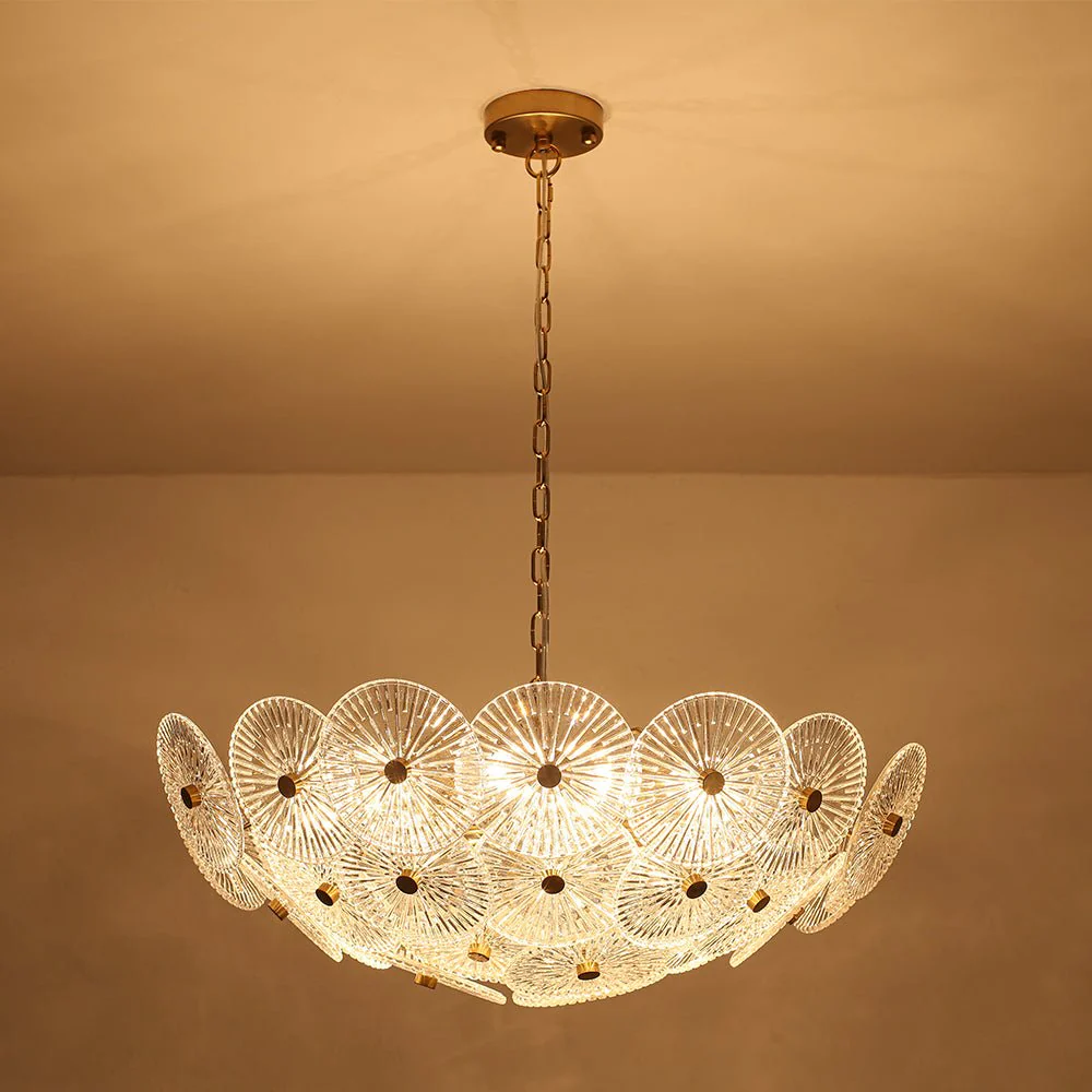 Glam Brass Ribbed Glass Floral Round Basket Chandelier - Image 12