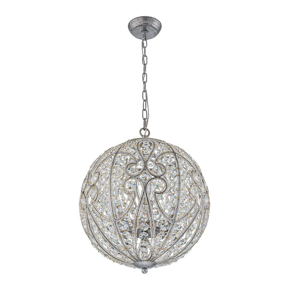 Glam Shabby Chic Crystal Globe Chandelier Distressed Silver - Image 10