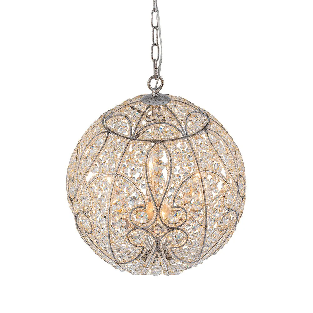Glam Shabby Chic Crystal Globe Chandelier Distressed Silver - Image 11