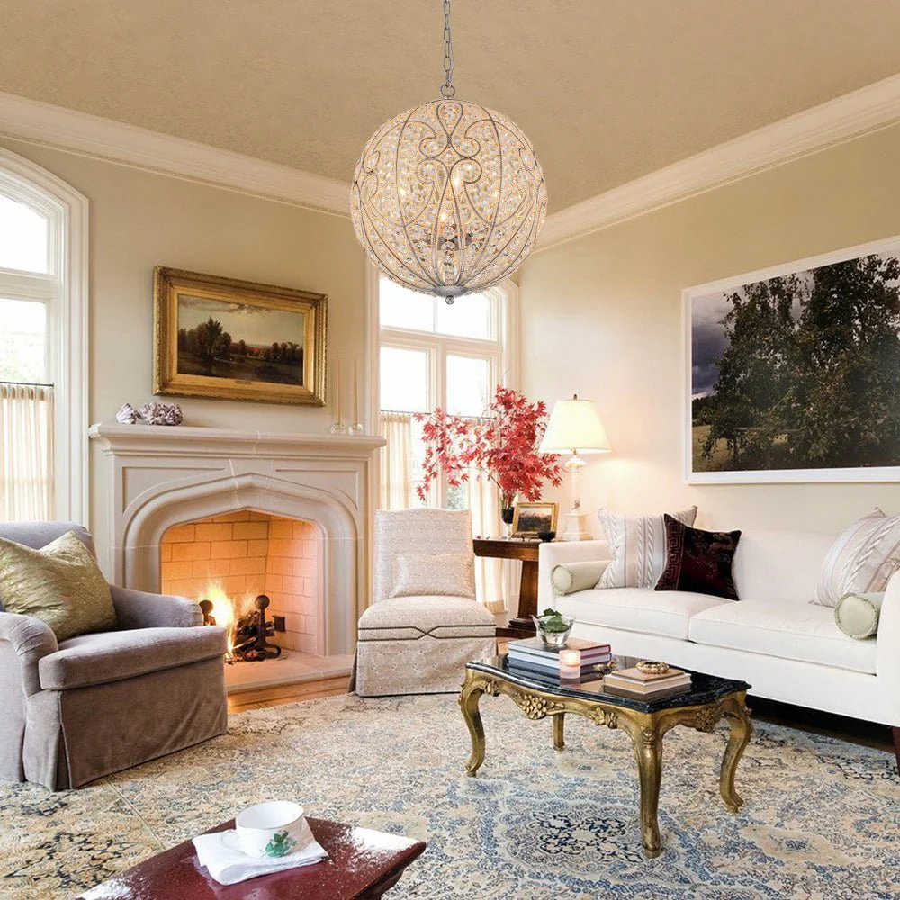 Glam Shabby Chic Crystal Globe Chandelier Distressed Silver - Image 3