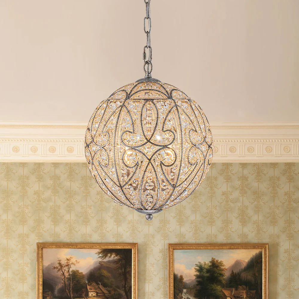 Glam Shabby Chic Crystal Globe Chandelier Distressed Silver - Image 4