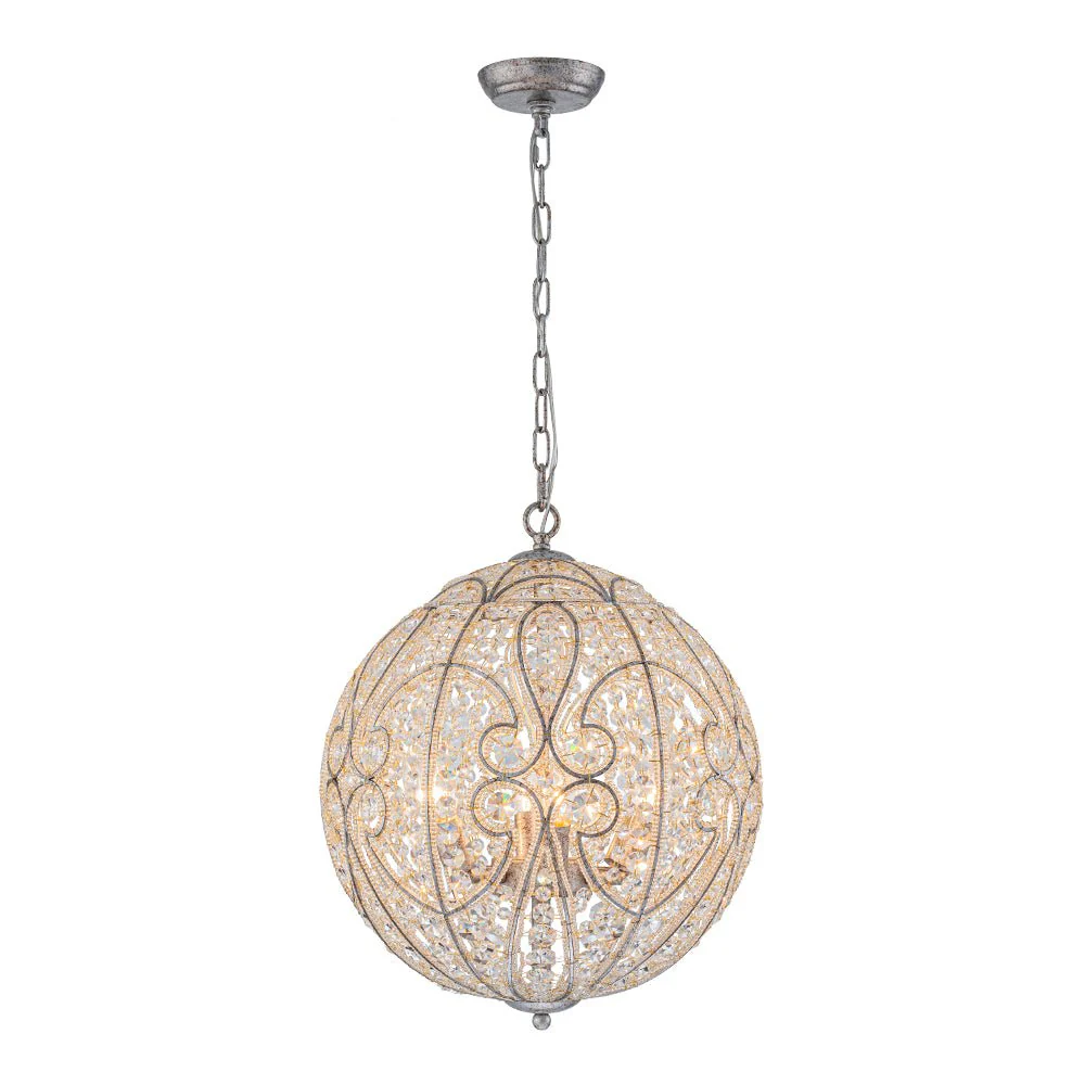 Glam Shabby Chic Crystal Globe Chandelier Distressed Silver - Image 5