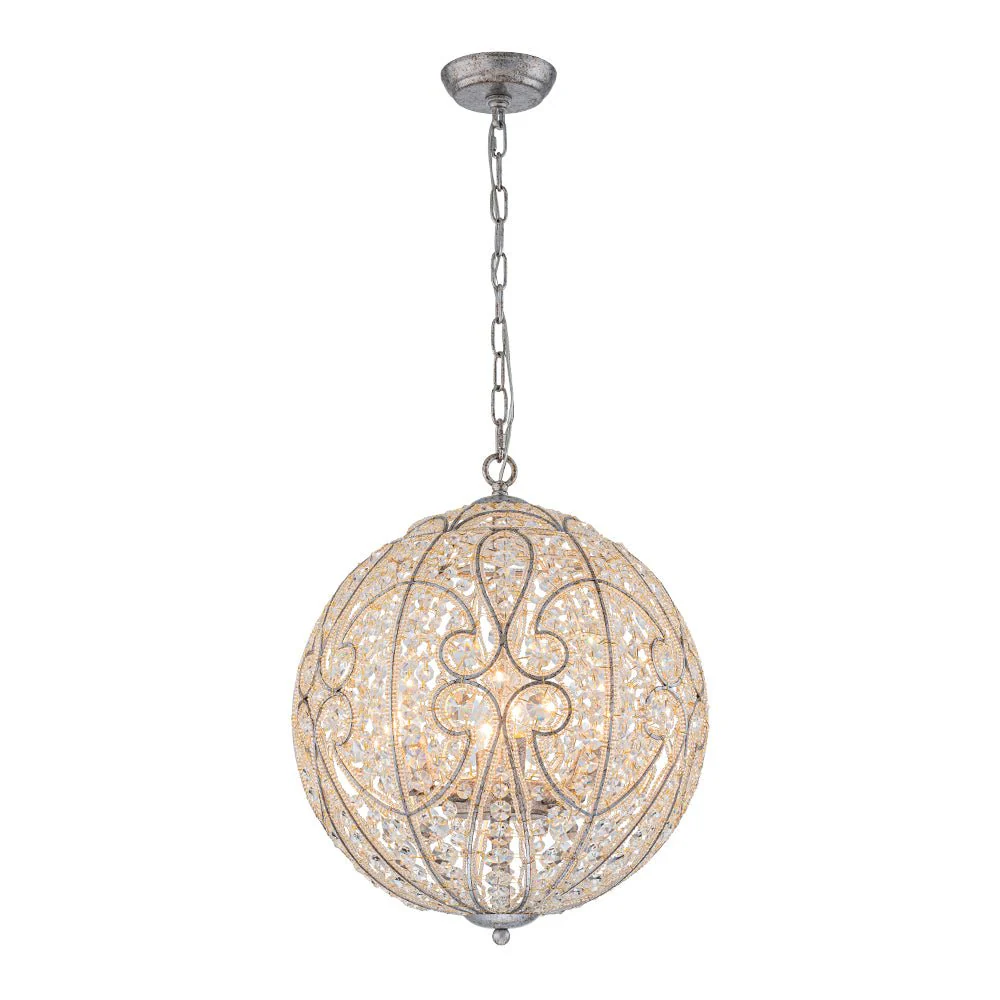 Glam Shabby Chic Crystal Globe Chandelier Distressed Silver - Image 7