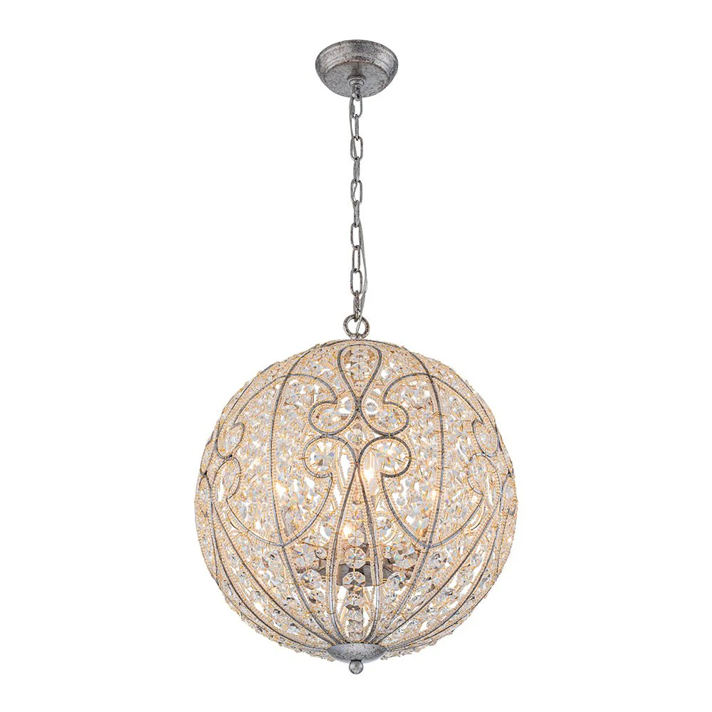 Glam Shabby Chic Crystal Globe Chandelier Distressed Silver - Image 9