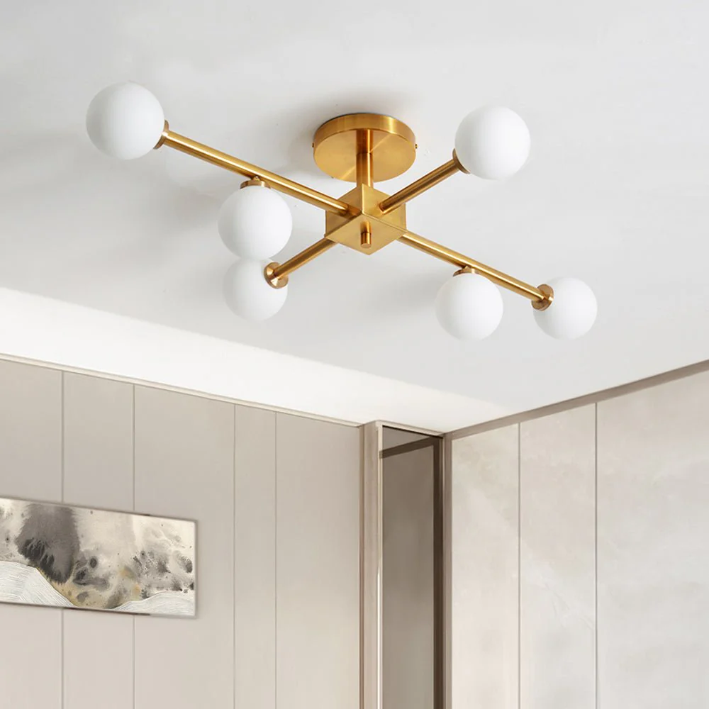 Gold Sputnik Frosted Glass Globe Semi Flush Mount Chandelier - Image 3