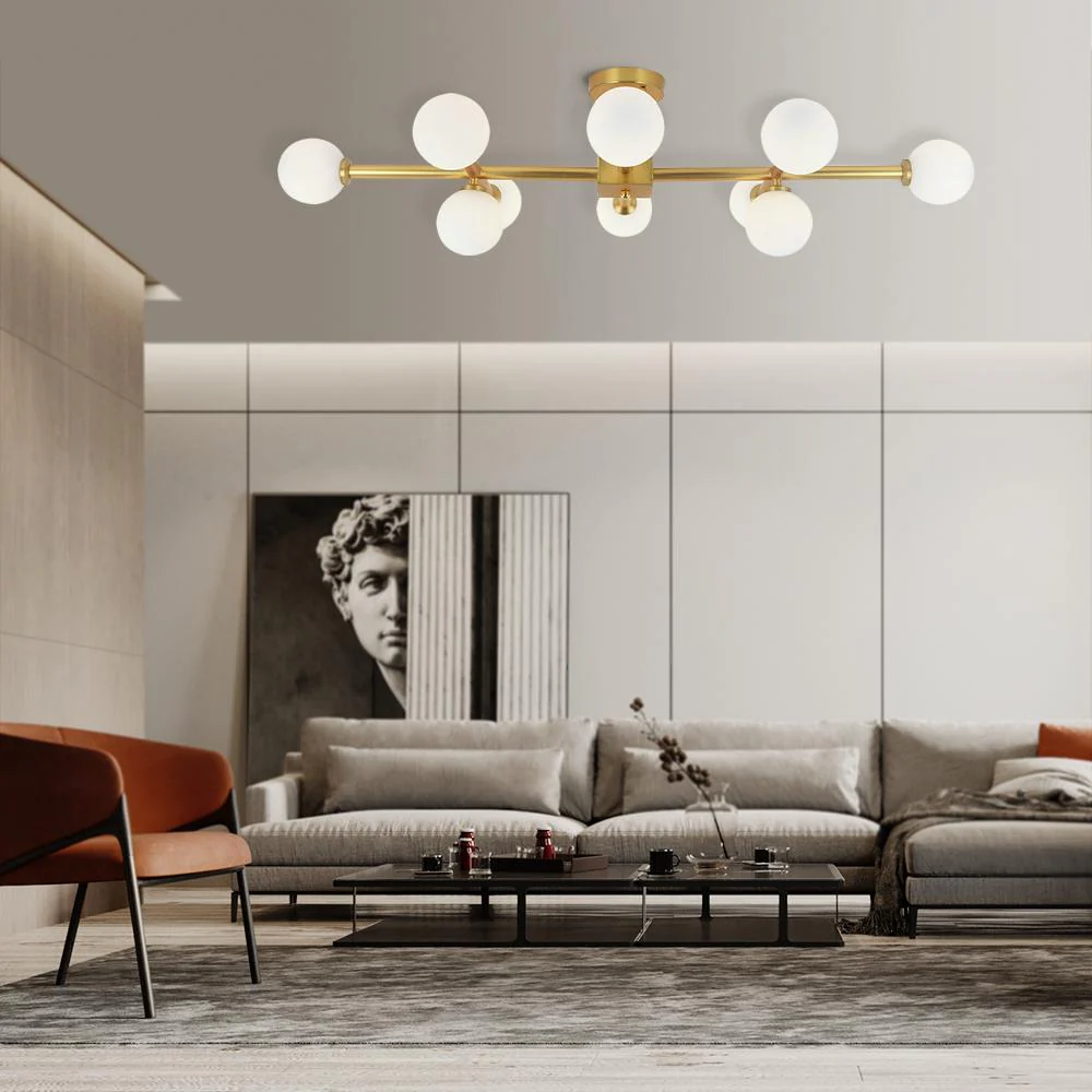 Gold Sputnik Frosted Glass Globe Semi Flush Mount Chandelier - Image 4