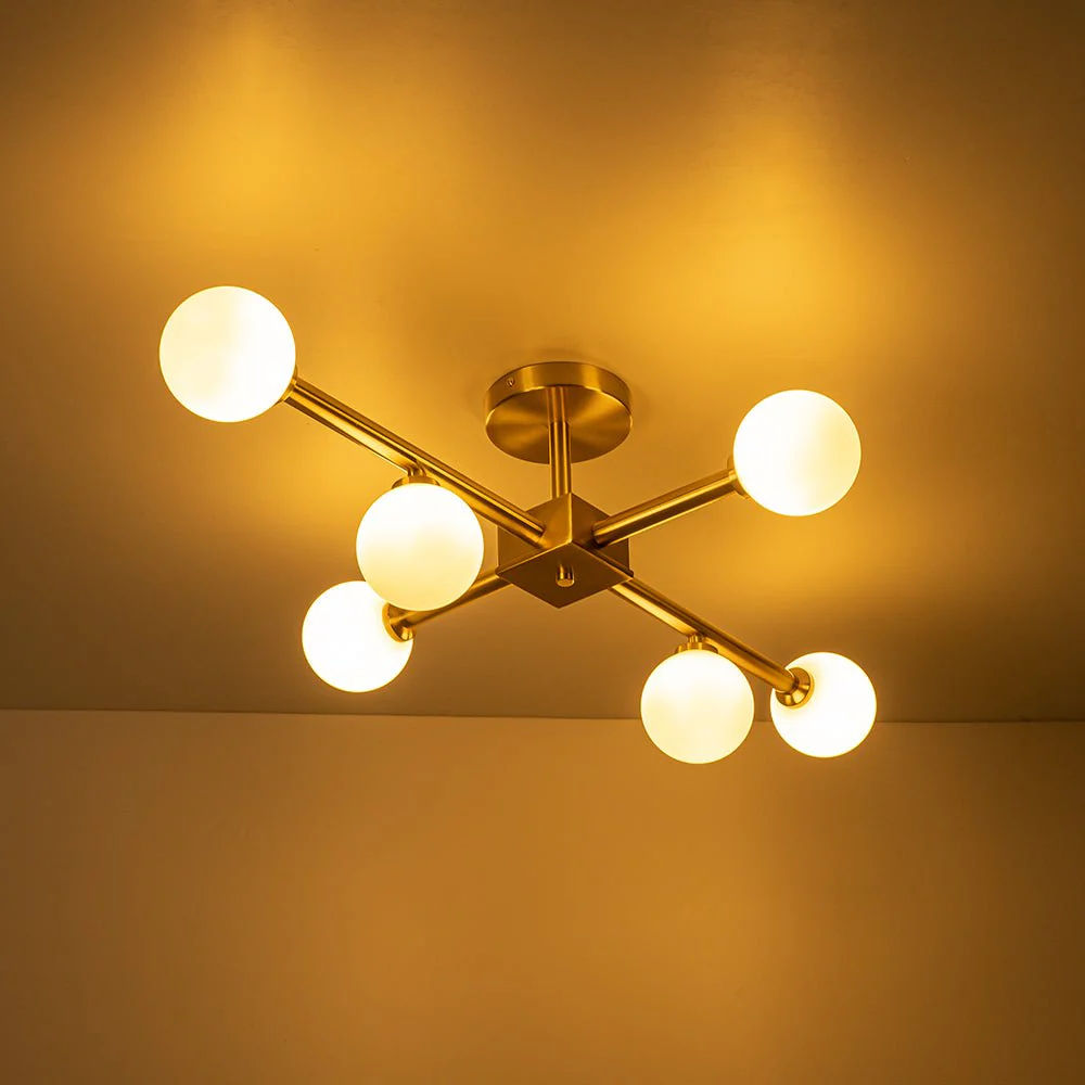 Gold Sputnik Frosted Glass Globe Semi Flush Mount Chandelier - Image 8