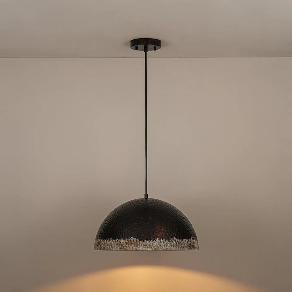 Industrial Dark Rusty Hammered Metal Dome Pendant - Image 14