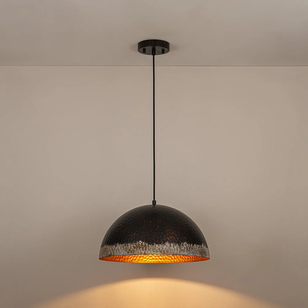 Industrial Dark Rusty Hammered Metal Dome Pendant - Image 15