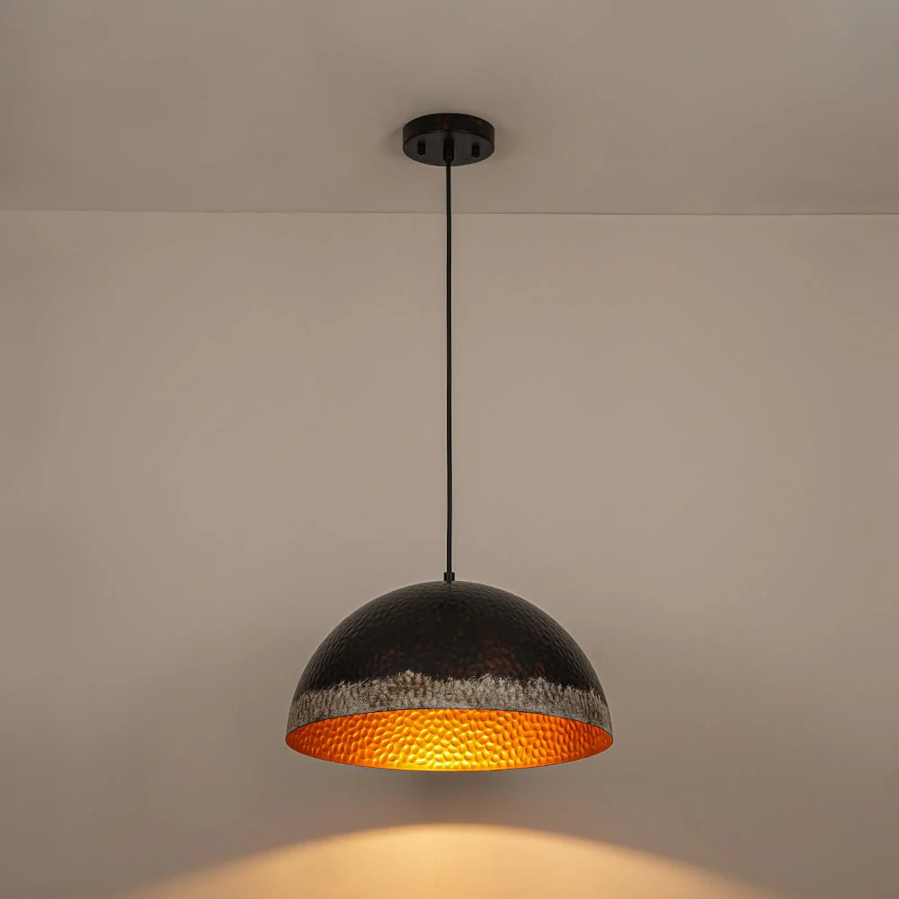 Industrial Dark Rusty Hammered Metal Dome Pendant - Image 16