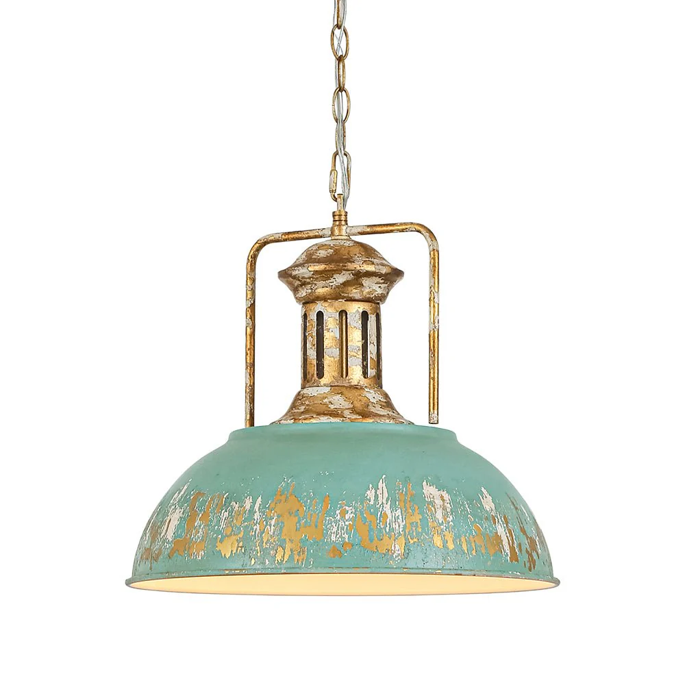 Industrial Farmhouse Distressed Teal Gold Metal Dome Pendant - Image 12