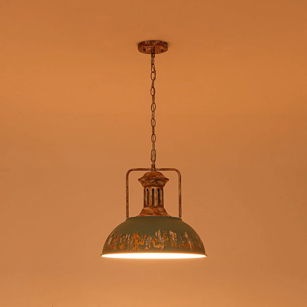 Industrial Farmhouse Distressed Teal Gold Metal Dome Pendant - Image 13