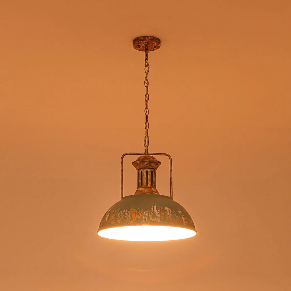 Industrial Farmhouse Distressed Teal Gold Metal Dome Pendant - Image 14