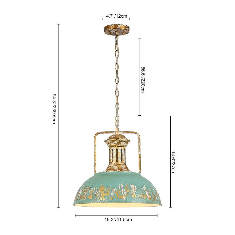 Industrial Farmhouse Distressed Teal Gold Metal Dome Pendant - Image 15