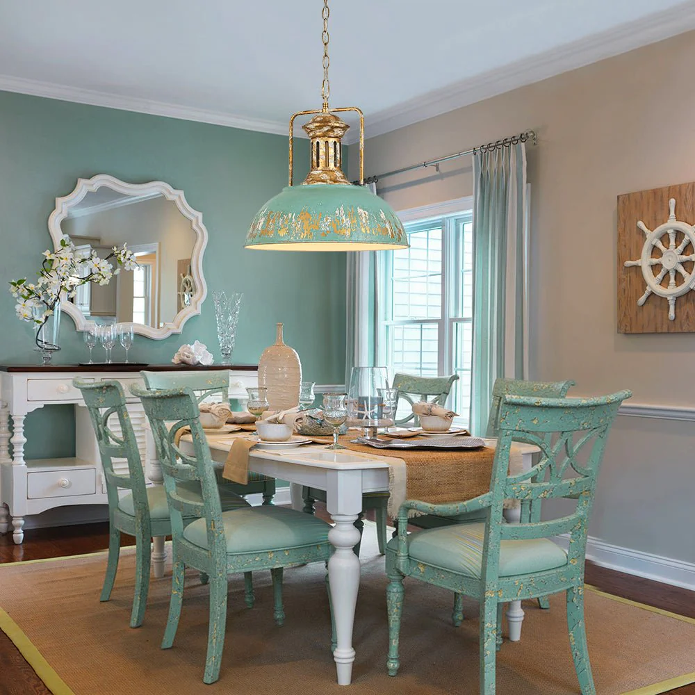 Industrial Farmhouse Distressed Teal Gold Metal Dome Pendant - Image 2