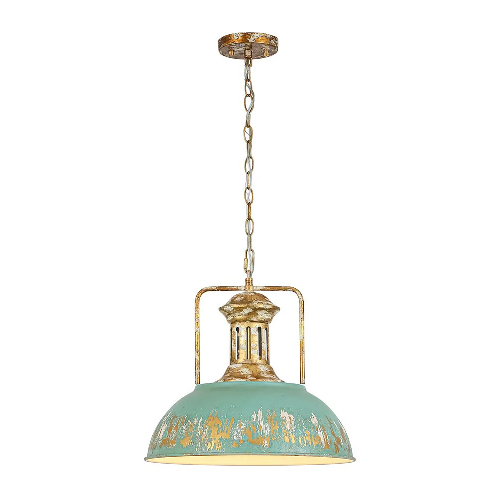 Industrial Farmhouse Distressed Teal Gold Metal Dome Pendant - Image 3