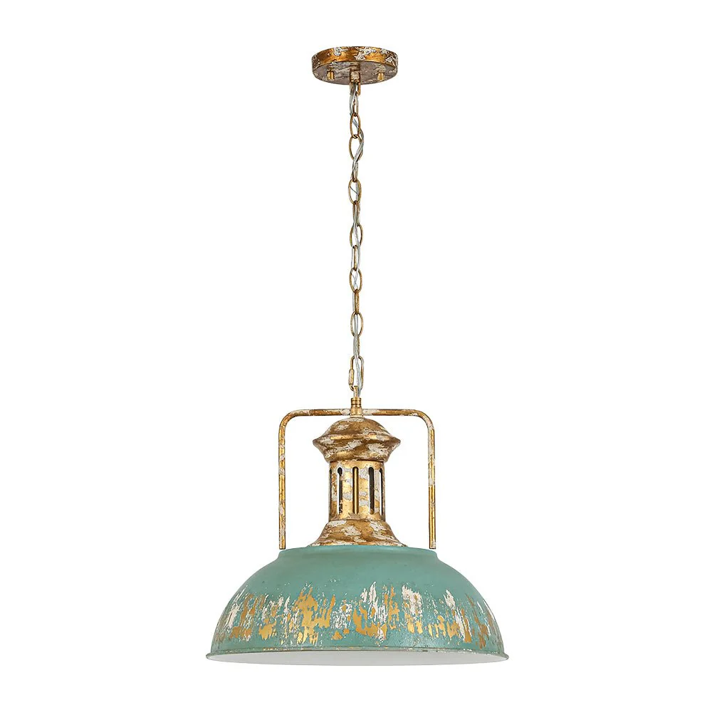 Industrial Farmhouse Distressed Teal Gold Metal Dome Pendant - Image 4