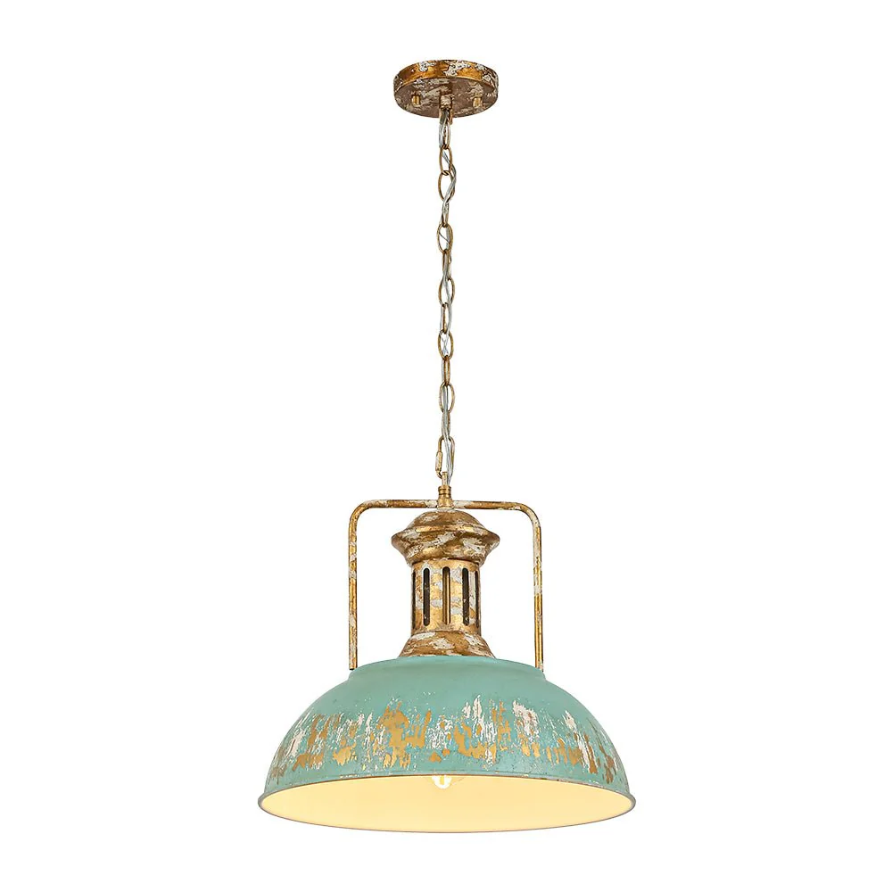 Industrial Farmhouse Distressed Teal Gold Metal Dome Pendant - Image 6