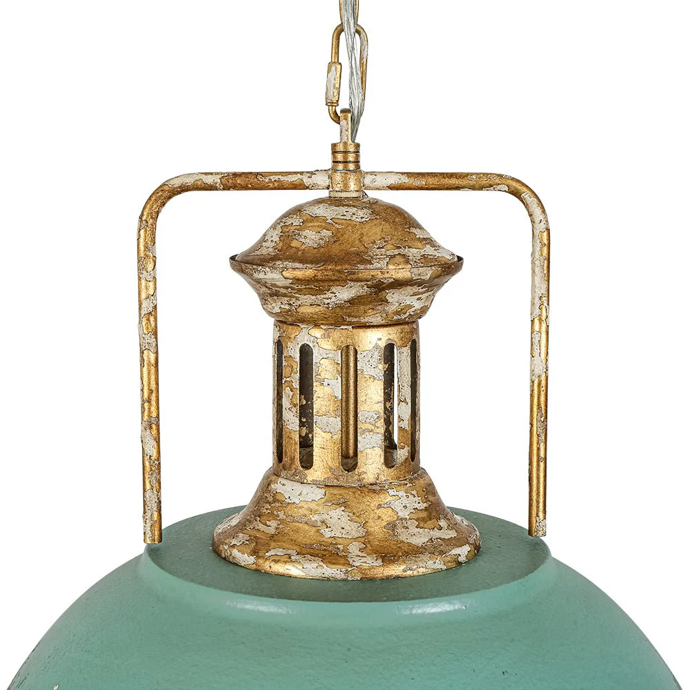 Industrial Farmhouse Distressed Teal Gold Metal Dome Pendant - Image 8