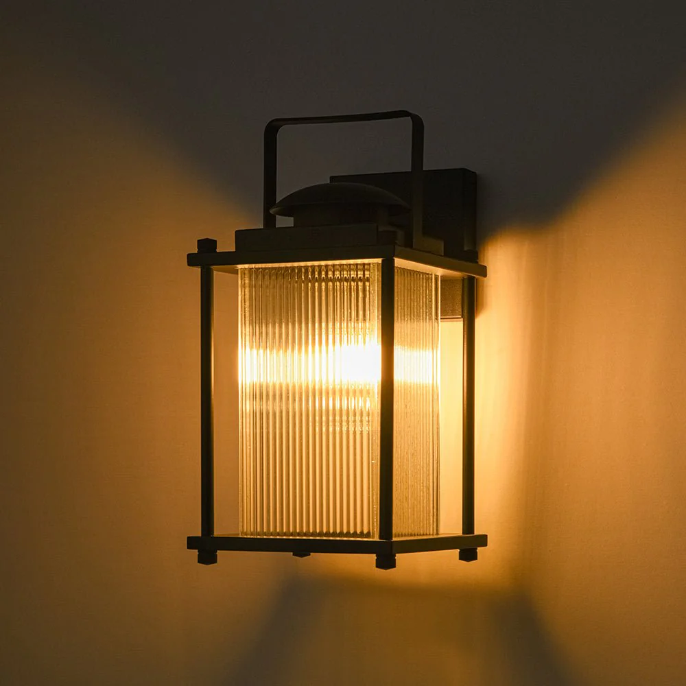 IP23 Black Ribbed Glass Square Outdoor Wall Lantern - Image 10