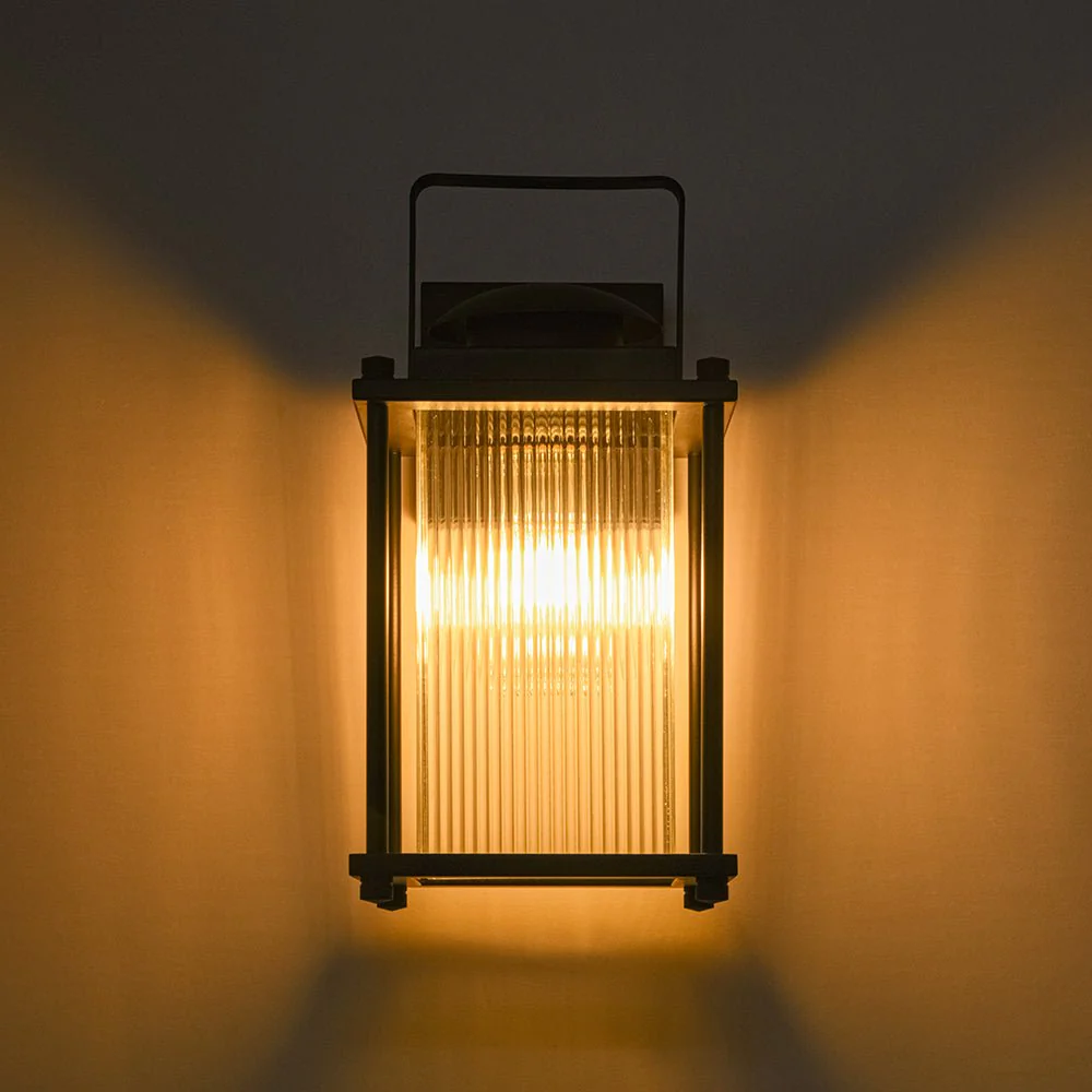 IP23 Black Ribbed Glass Square Outdoor Wall Lantern - Image 11