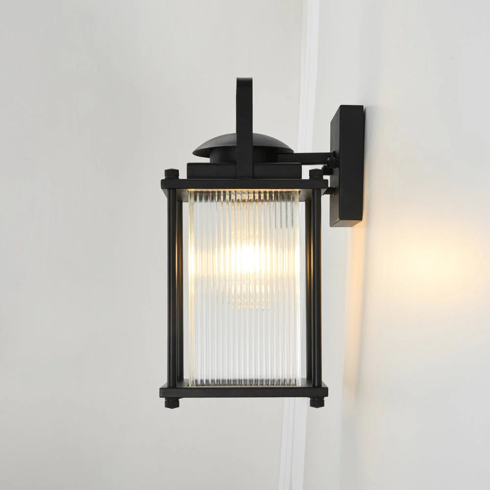 IP23 Black Ribbed Glass Square Outdoor Wall Lantern - Image 12
