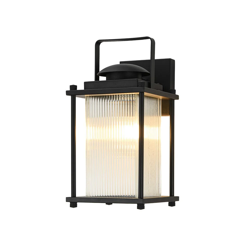 IP23 Black Ribbed Glass Square Outdoor Wall Lantern - Image 3