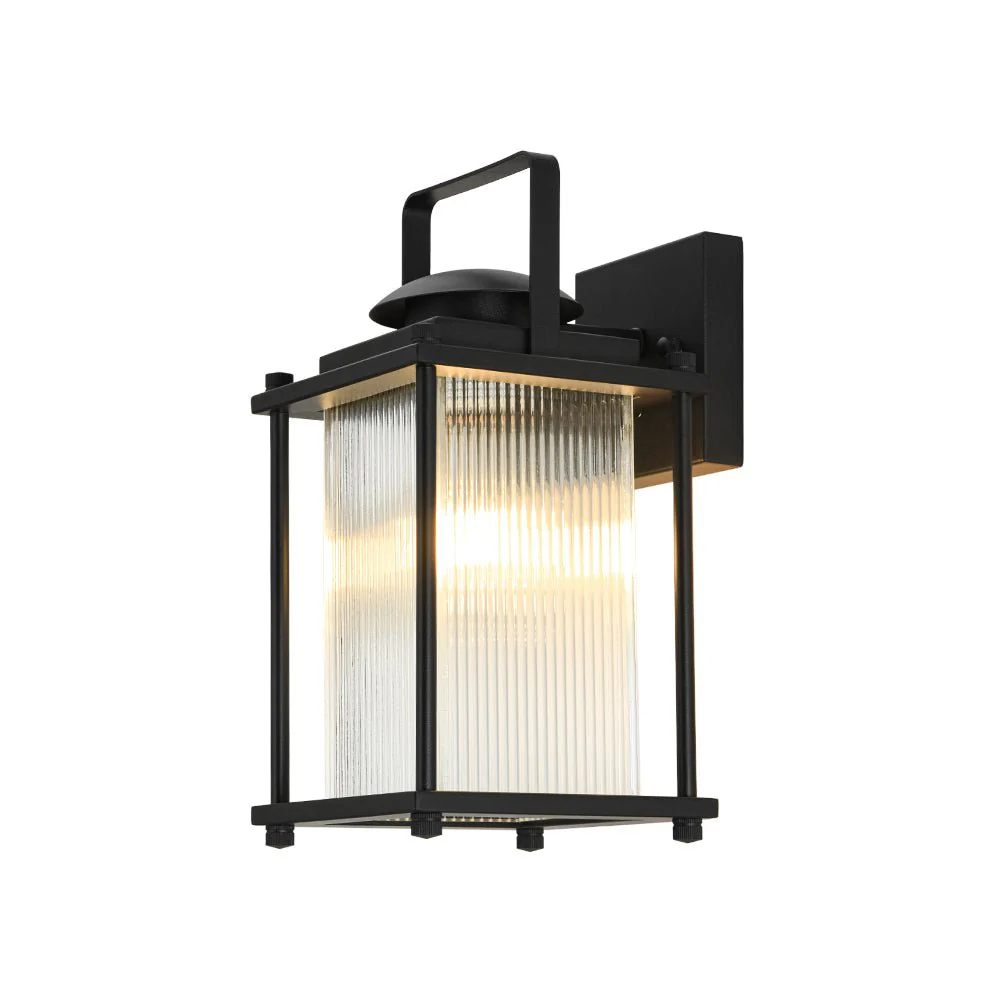 IP23 Black Ribbed Glass Square Outdoor Wall Lantern - Image 6