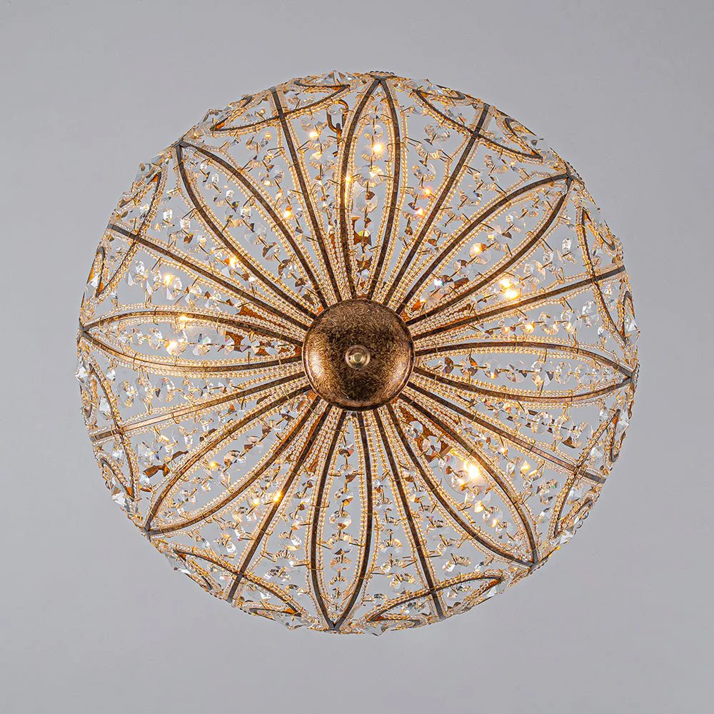 Luxe Moroccan Antique Bronze Crystal Round Cage Chandelier - Image 24