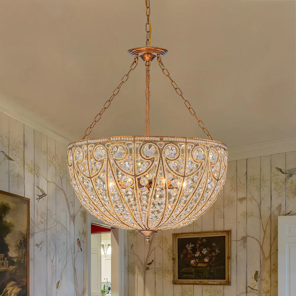 Luxe Moroccan Antique Bronze Crystal Round Cage Chandelier - Image 4