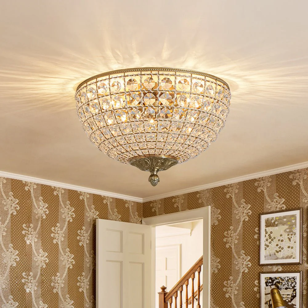 Luxe Vintage French Brass Round Crystal Cage Flush Mount Light