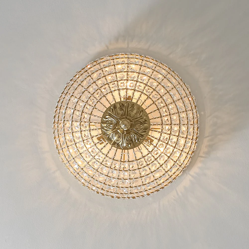 Luxe Vintage French Brass Round Crystal Cage Flush Mount Light - Image 11