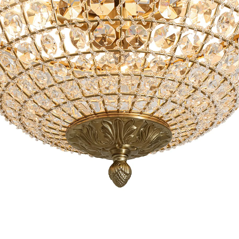 Luxe Vintage French Brass Round Crystal Cage Flush Mount Light - Image 12