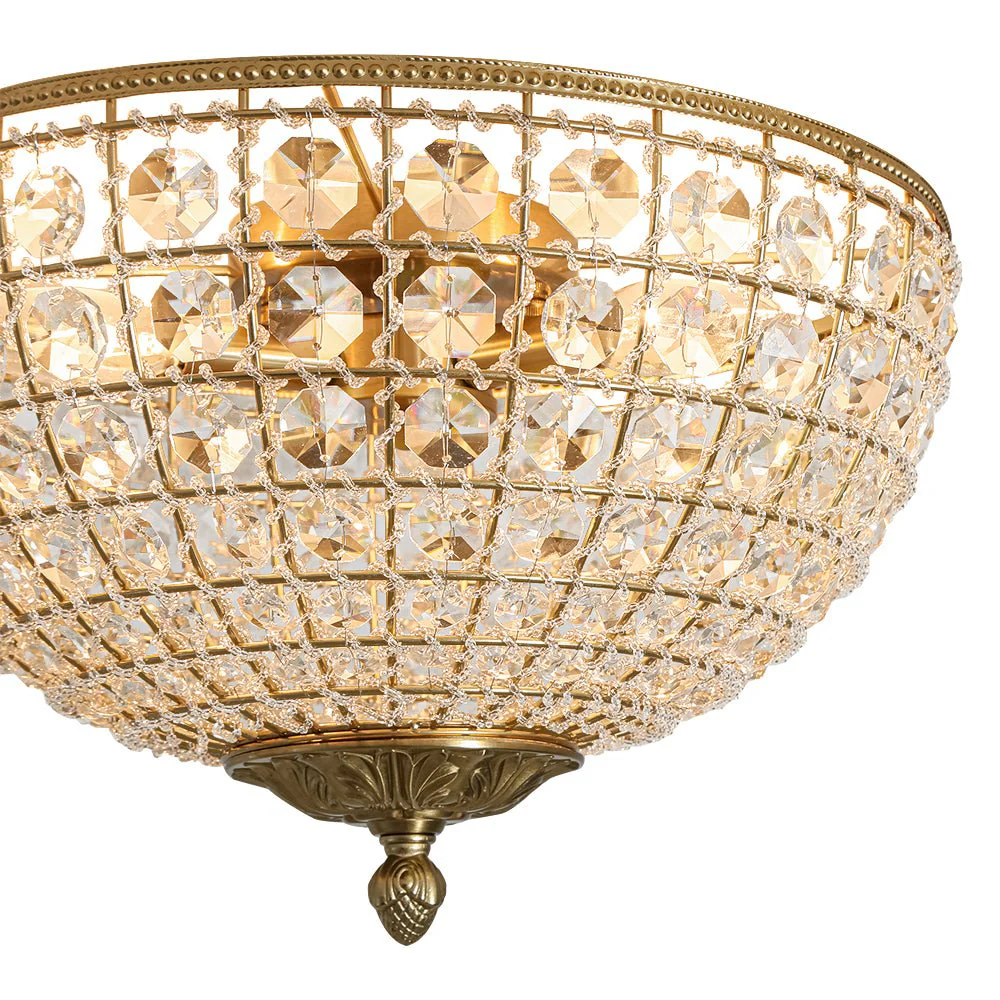 Luxe Vintage French Brass Round Crystal Cage Flush Mount Light - Image 14