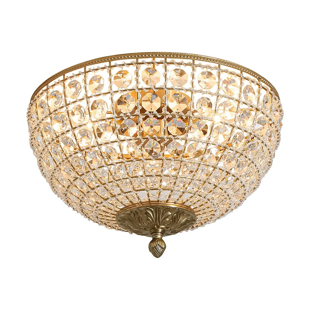 Luxe Vintage French Brass Round Crystal Cage Flush Mount Light - Image 6