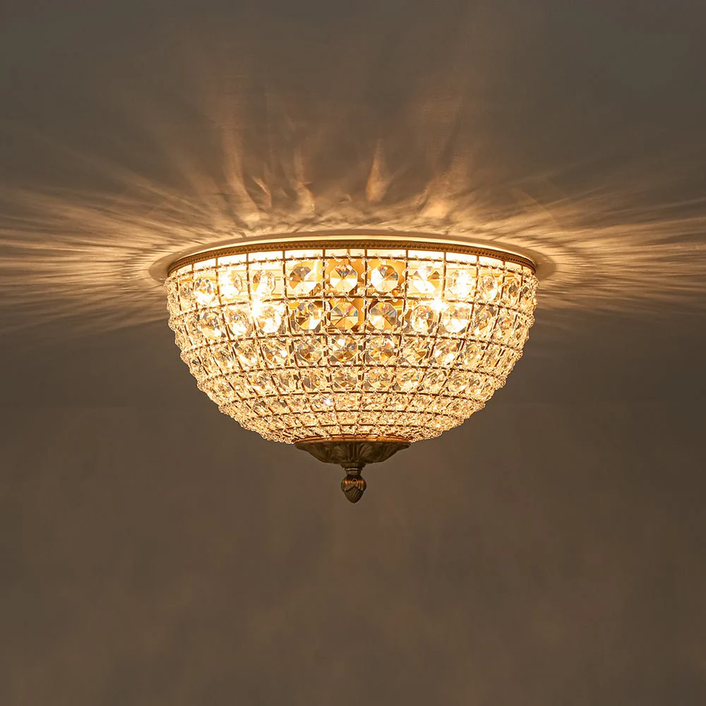 Luxe Vintage French Brass Round Crystal Cage Flush Mount Light - Image 7