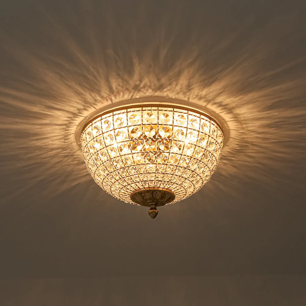 Luxe Vintage French Brass Round Crystal Cage Flush Mount Light - Image 8