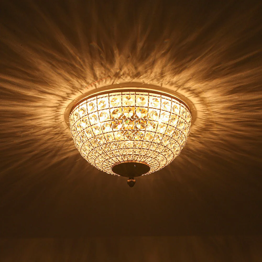 Luxe Vintage French Brass Round Crystal Cage Flush Mount Light - Image 9
