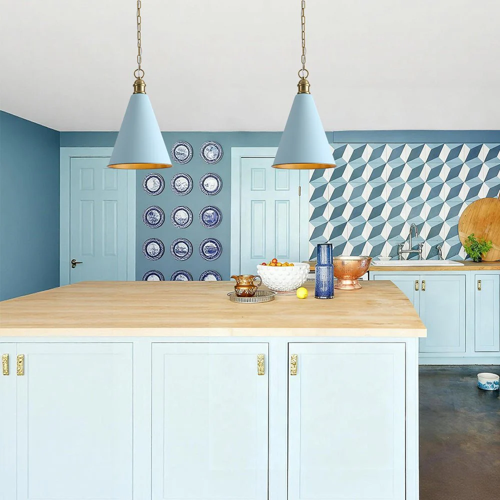 Macaron Brass Baby Blue 1-Light Iron Conical Kitchen Pendant - Image 2