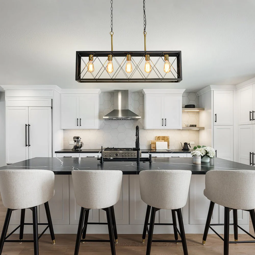 Matte Black 5-Light Cross Framed Box Kitchen Island Chandelier - Image 2