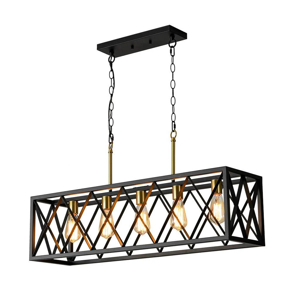 Matte Black 5-Light Cross Framed Box Kitchen Island Chandelier - Image 3