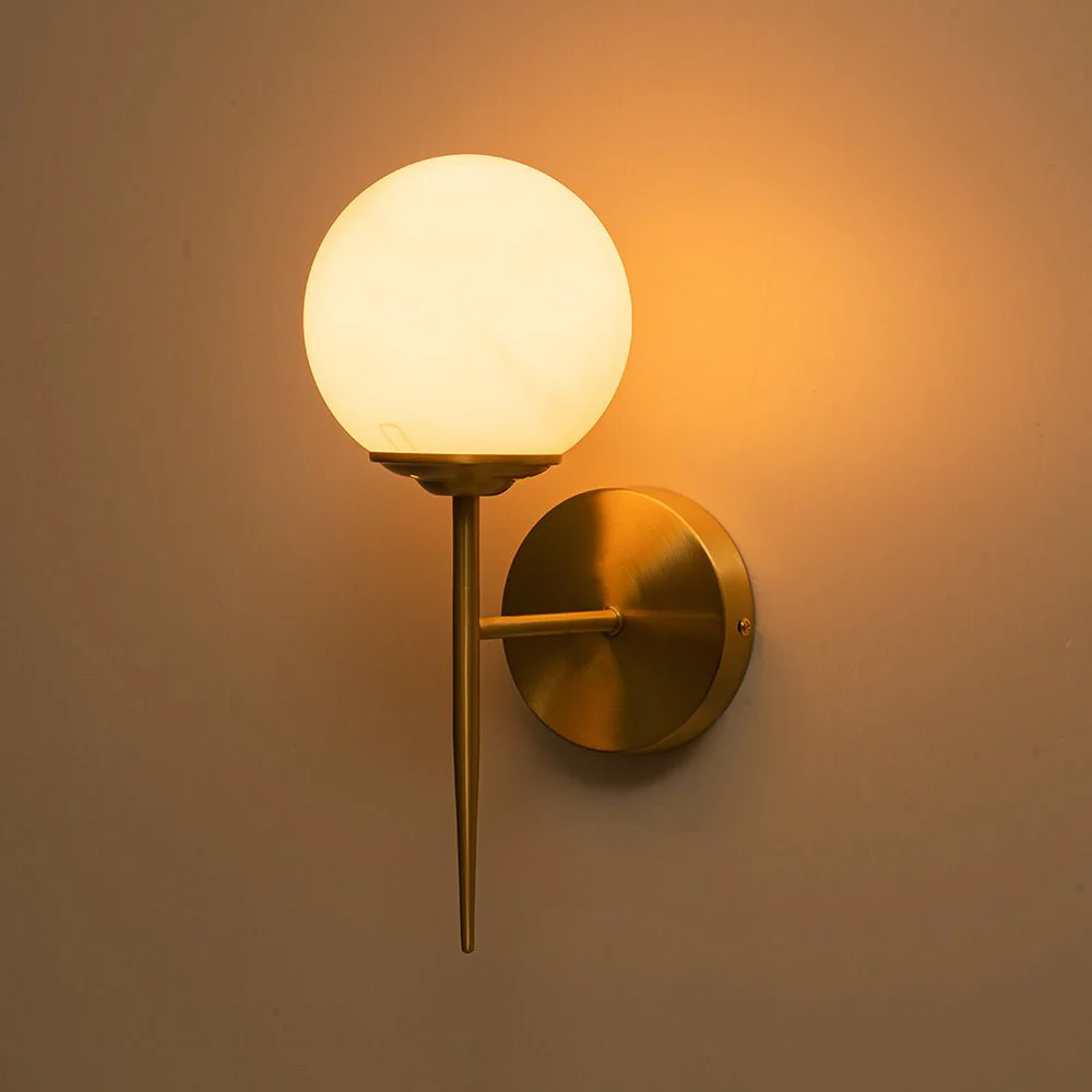 Mid-Century 1-Light Brass Frosted Glass Globe Wall Sconce - Image 11