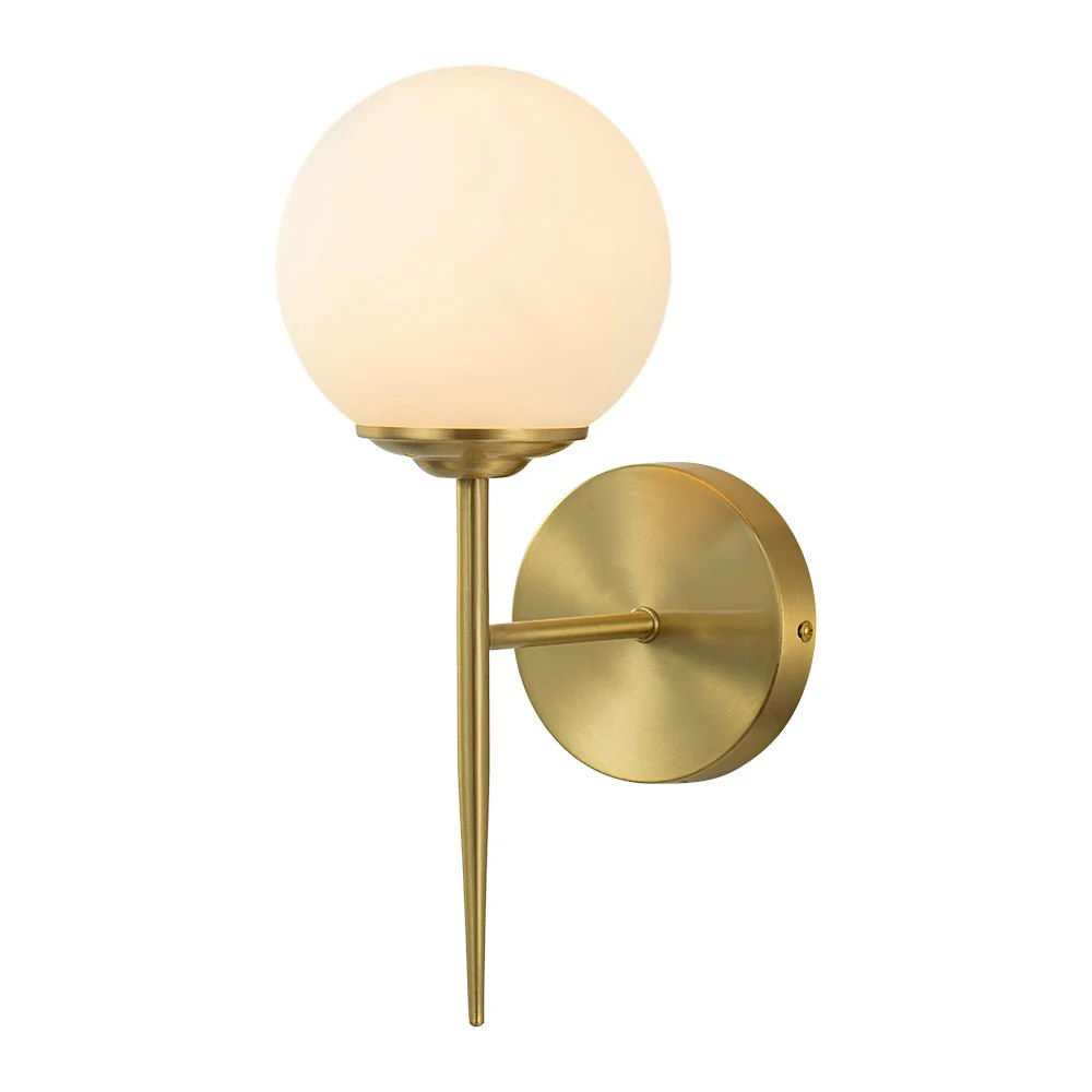 Mid-Century 1-Light Brass Frosted Glass Globe Wall Sconce - Image 3