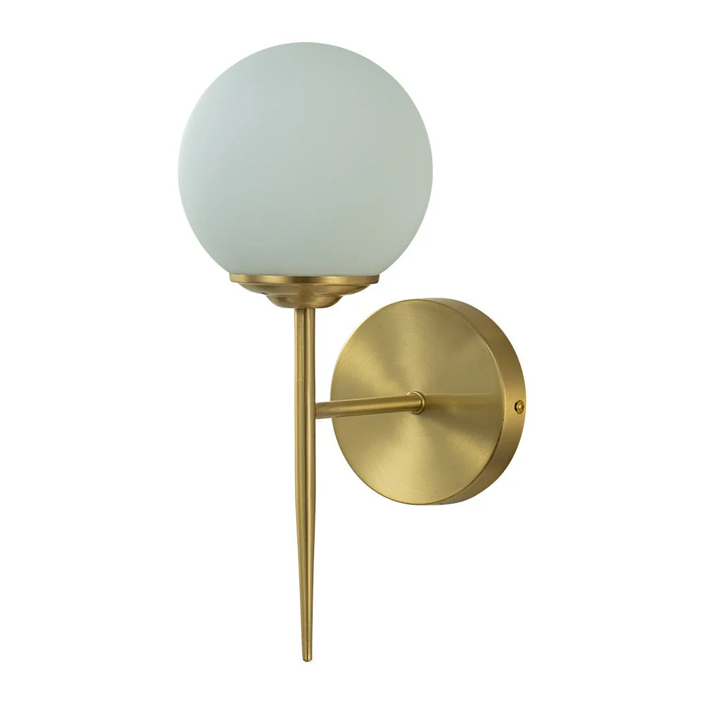 Mid-Century 1-Light Brass Frosted Glass Globe Wall Sconce - Image 4