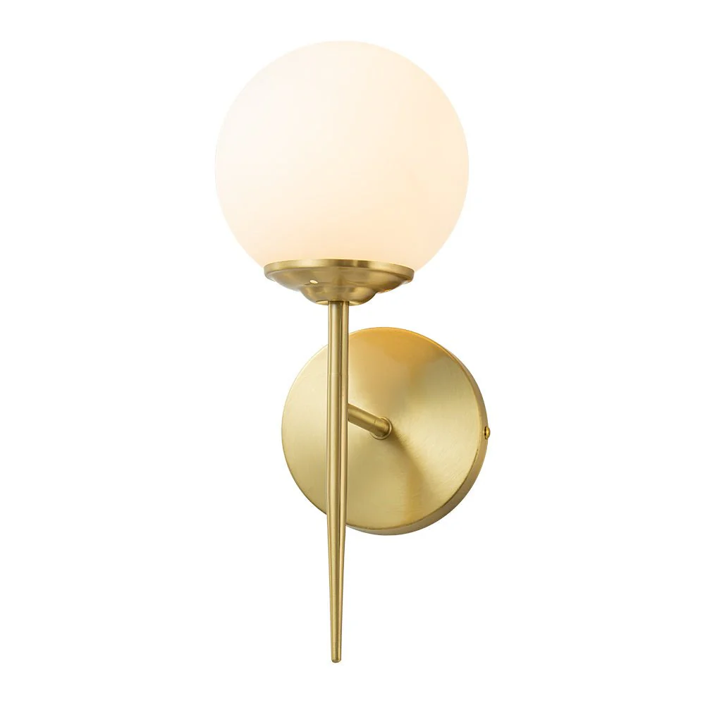 Mid-Century 1-Light Brass Frosted Glass Globe Wall Sconce - Image 5